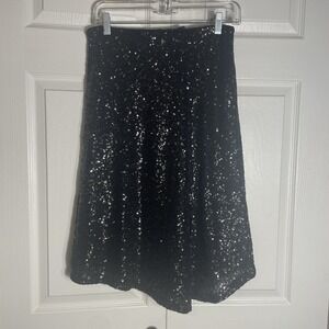 Vera Moda Sequin Skirt Women S Black Asymmetric Hem Slit Lined Sparkly Festive